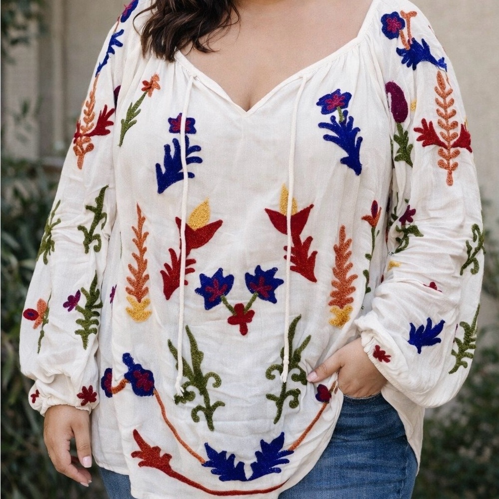 Chelsea & Theodore Peasant Top Ivory Embroidered Boho Size 3x